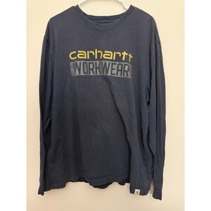Men's Carhartt Navy Long Sleeve Tee L with Yellow Logo 100% Cotton